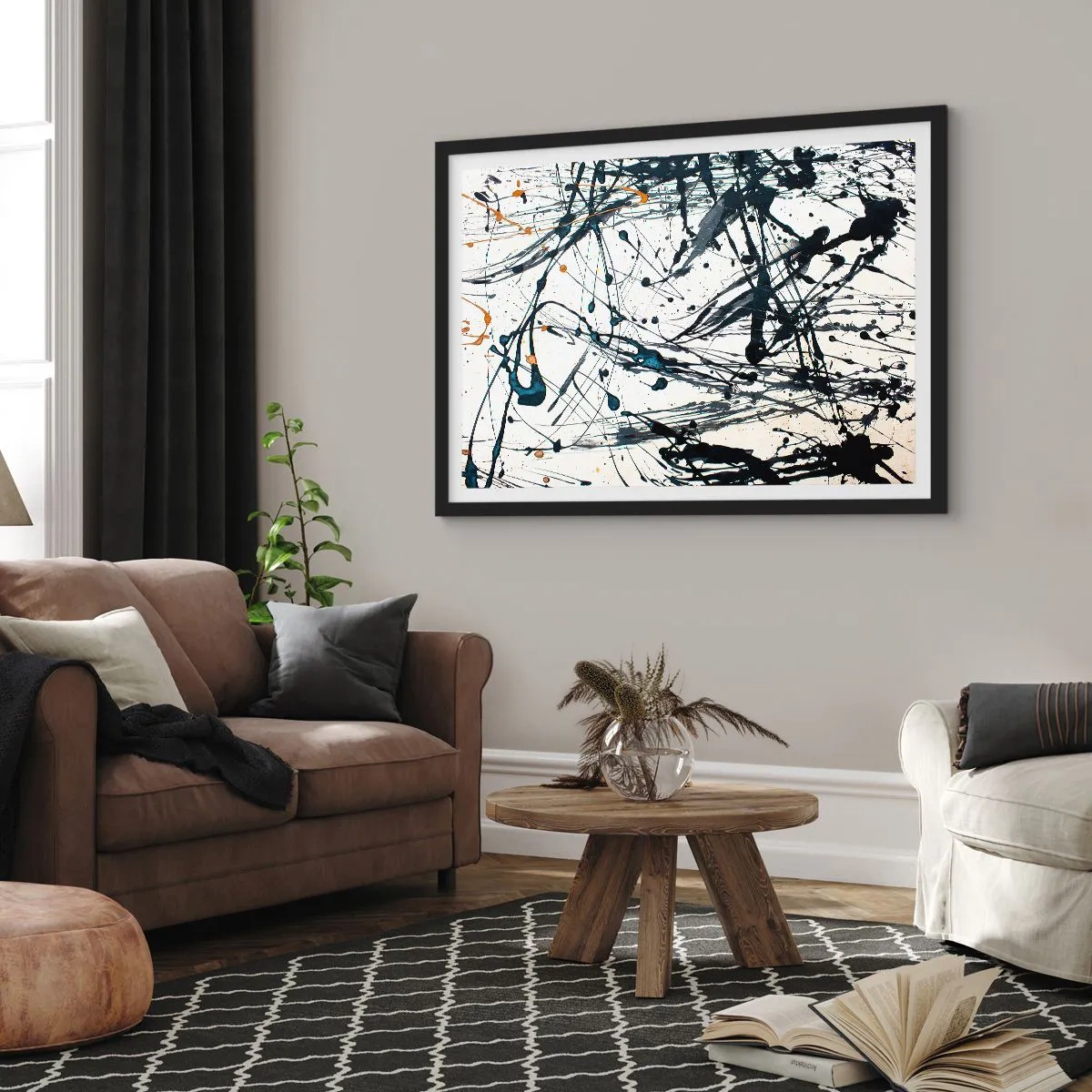 Poster in cornice nera - Un dipinto astratto con schizzi di vernice che formano motivi dinamici. - 70x50cm - Astrazione espressionistica - Decorazione murale moderna per soggiorno e camera da letto ARTTOR