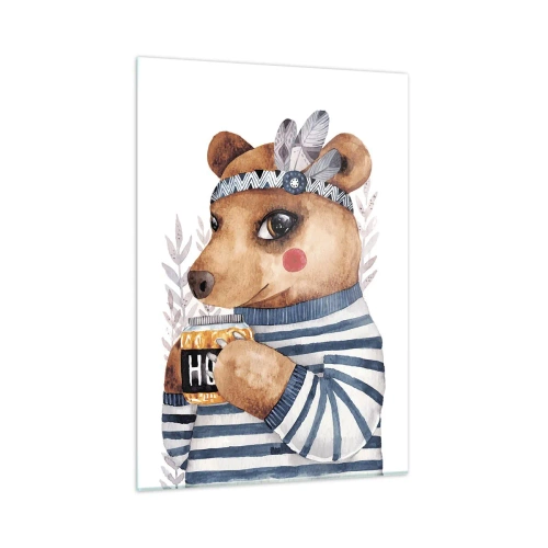 Quadro su vetro - Un orsacchiotto a strisce con una tazza di miele e piume - 50x70cm - Dolce orsetto - Decorazione murale moderna per soggiorno e camera da letto ARTTOR