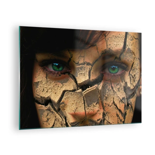 Quadro su vetro - Volto di donna con effetto terra screpolata - 70x50cm - Meraviglia e minaccia insieme - Decorazione murale moderna per soggiorno e camera da letto ARTTOR