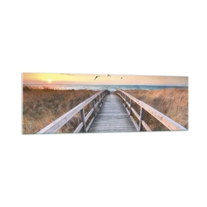 Quadro su vetro - Molo di legno che conduce alla spiaggia al tramonto - 160x50cm - Spazio per volare - Decorazione murale moderna per soggiorno e camera da letto ARTTOR