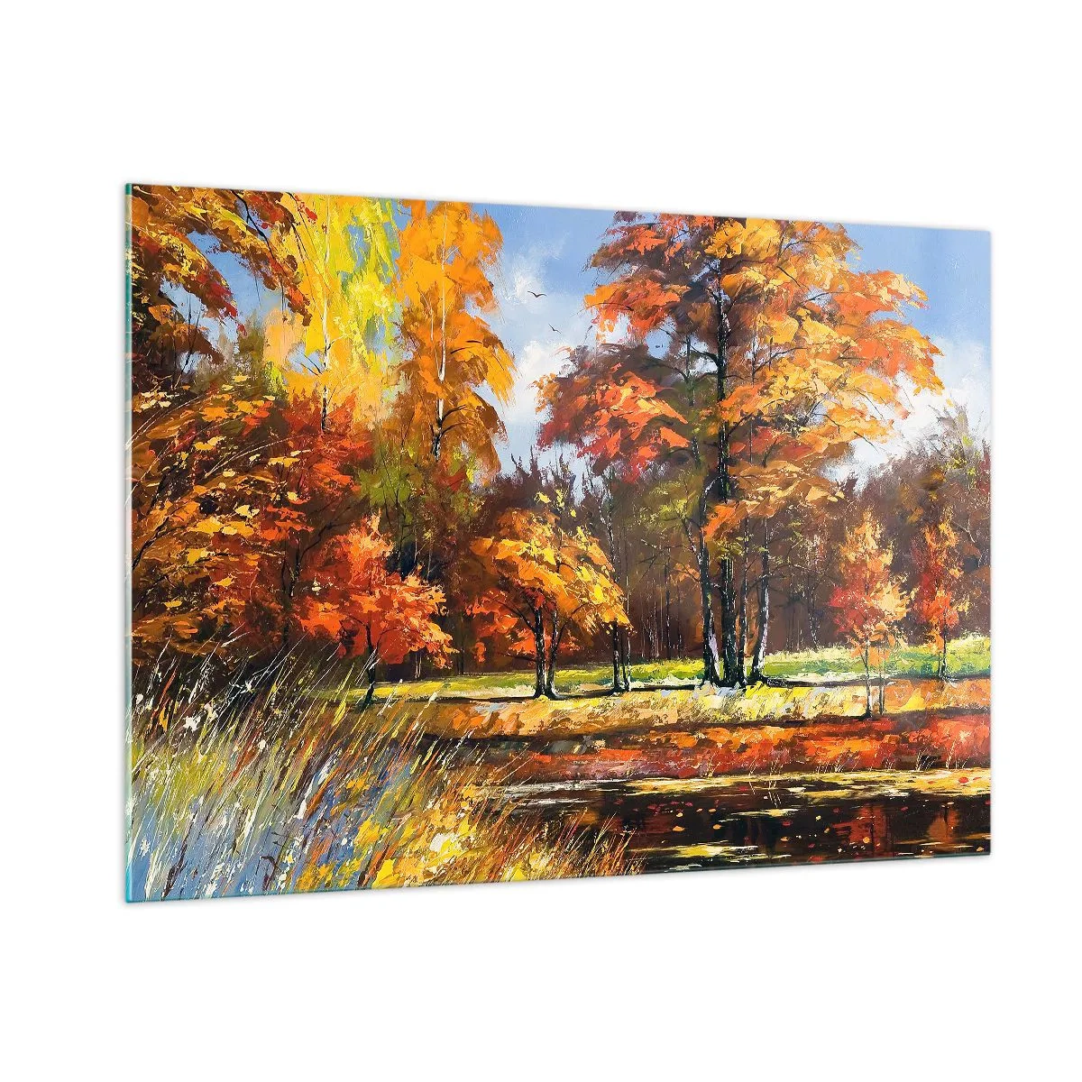 Quadro su vetro - Paesaggio autunnale con alberi e riflessi nell'acqua - 100x70cm - Paesaggio in oro e marrone - Decorazione murale moderna per soggiorno e camera da letto ARTTOR