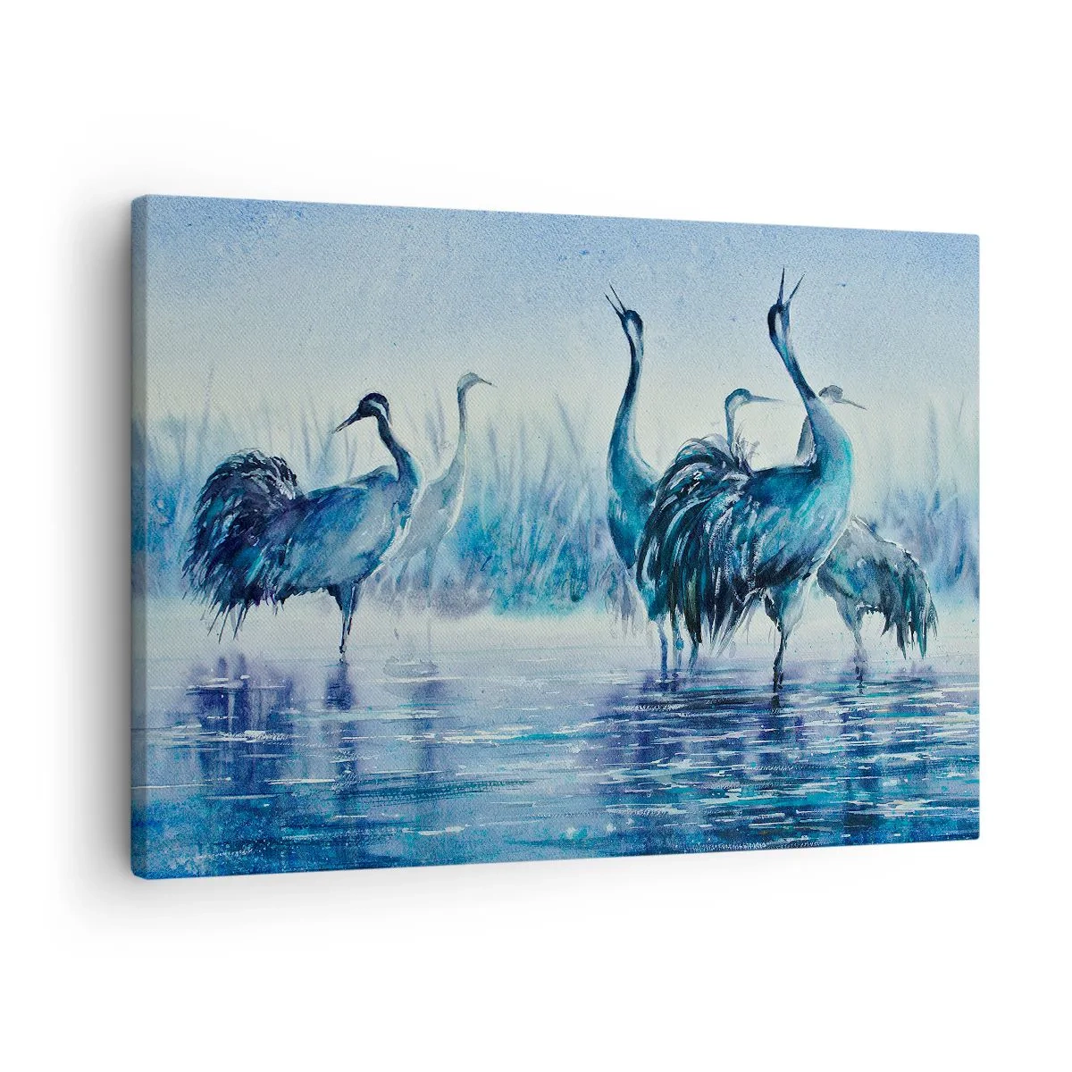 Quadro su tela - Stampe su Tela - Gru sullo sfondo di nebbia e acqua nei toni del blu - 70x50cm - Incontro mattutino - Decorazione murale moderna per soggiorno e camera da letto ARTTOR