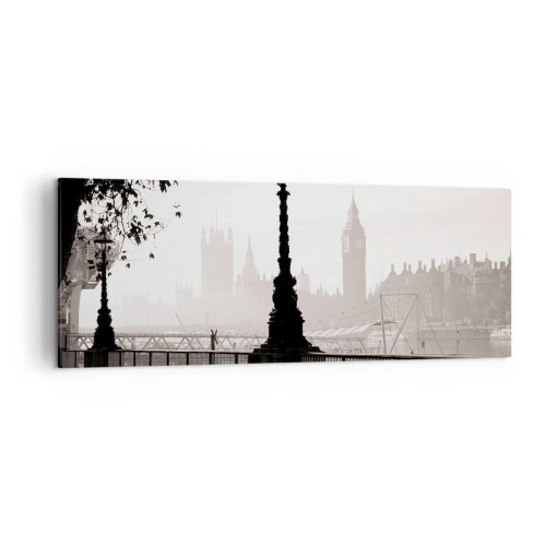 Quadro su tela - Stampe su Tela - Una vista monocromatica del Big Ben e del Tamigi. - 140x50cm - Un mattino a Londra - Decorazione murale moderna per soggiorno e camera da letto ARTTOR