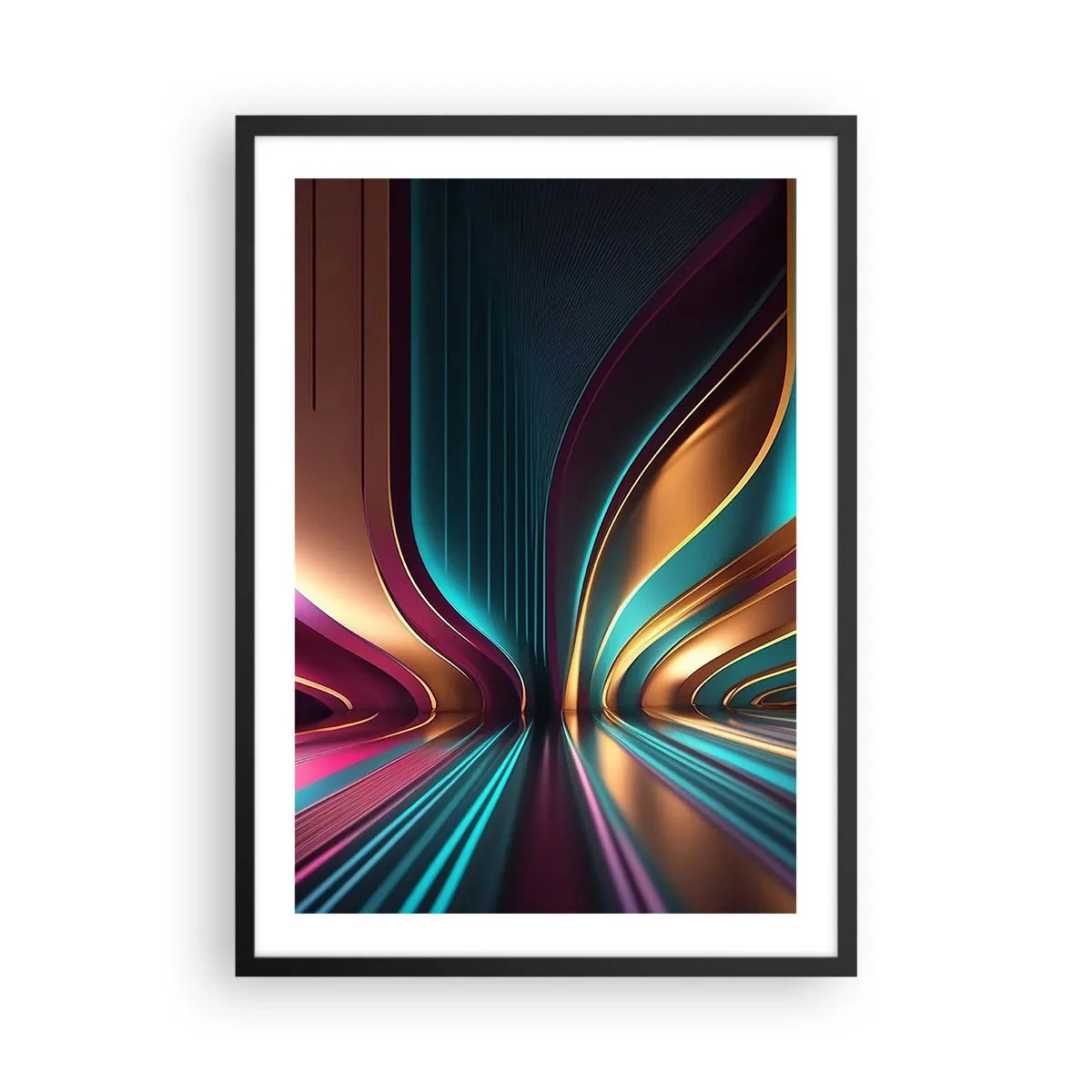 Poster in cornice nera - Astrazione futuristica nei colori oro e turchese - 50x70cm - Architettura di luce - Decorazione murale moderna per soggiorno e camera da letto ARTTOR