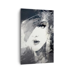 Quadro su tela - Stampe su Tela - Un ritratto astratto di una donna in tonalità di grigio con delicati accenti. - 80x120cm - Dietro un velo grigio - Decorazione murale moderna per soggiorno e camera da letto ARTTOR