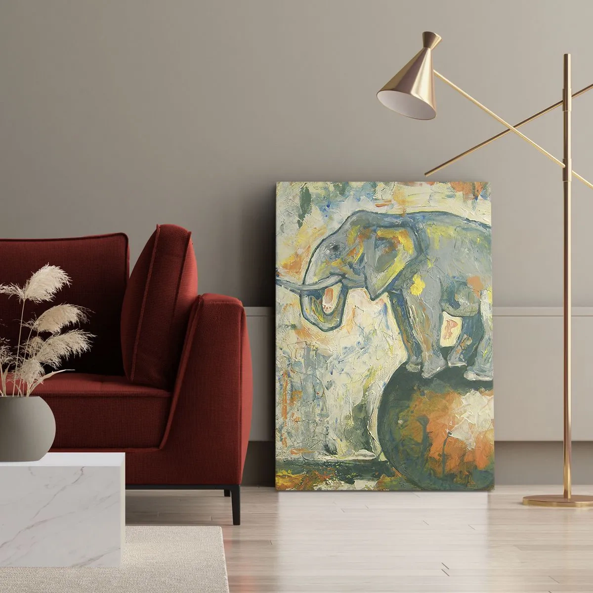Quadro su tela - Stampe su Tela - Un elefante in equilibrio su una palla in stile artistico - 70x100cm - Evviva il circo! - Decorazione murale moderna per soggiorno e camera da letto ARTTOR