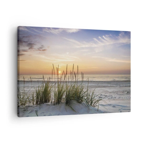 Quadro su tela - Stampe su Tela - Una spiaggia sabbiosa al tramonto con l'erba sullo sfondo - 70x50cm - Guarda, pensa, senti - Decorazione murale moderna per soggiorno e camera da letto ARTTOR
