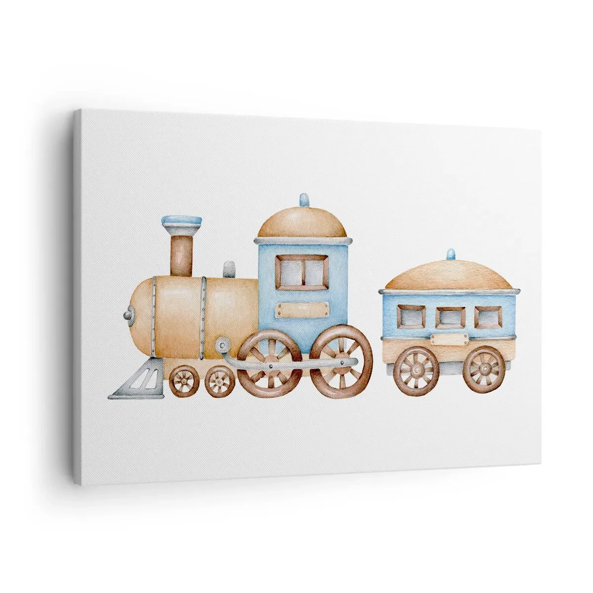 Quadro su tela - Stampe su Tela - Disegno di un treno in tonalità pastello su sfondo bianco - 70x50cm - Fermo alla stazione... - Decorazione murale moderna per soggiorno e camera da letto ARTTOR