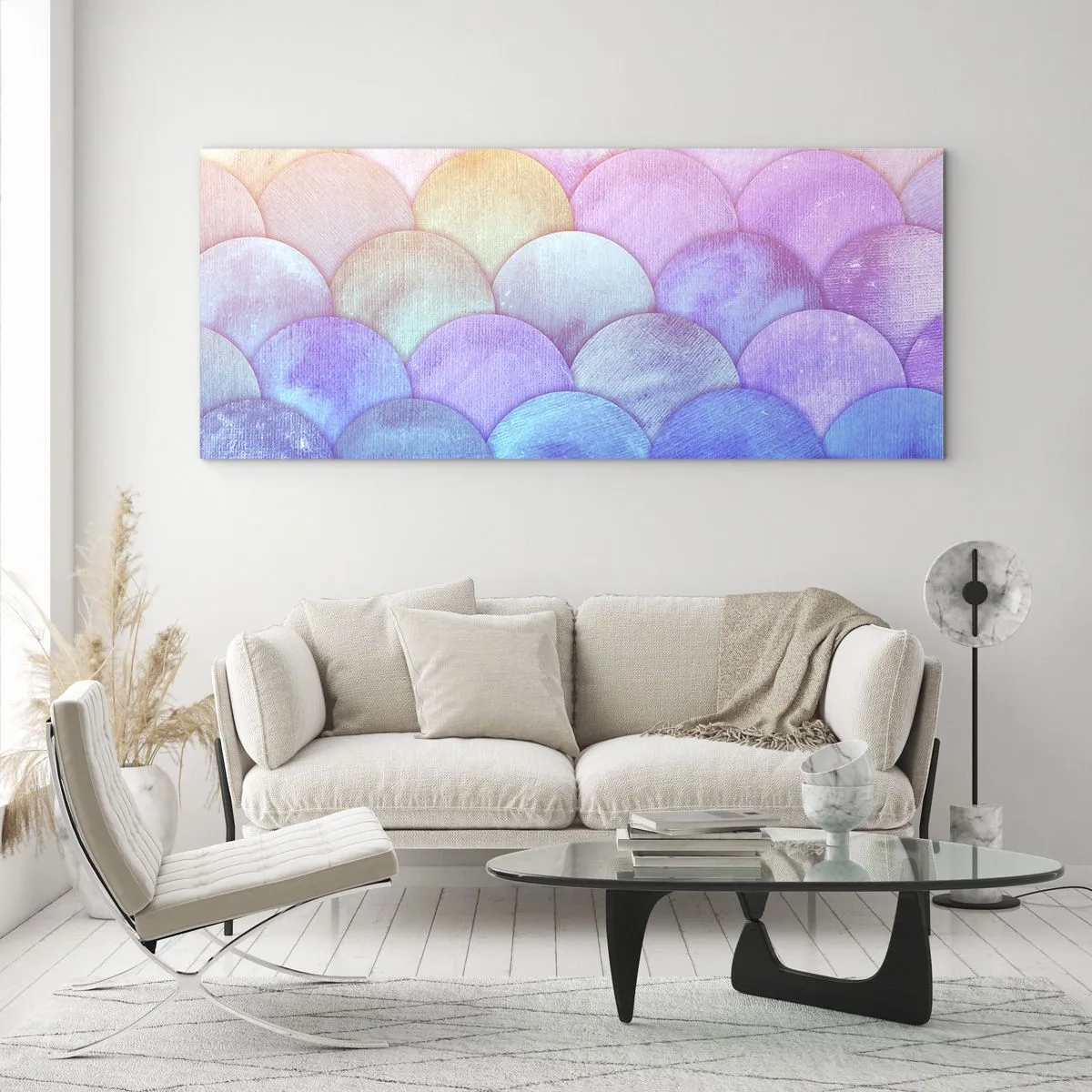 Quadro su vetro - Scale astratte in tonalità pastello - 160x50cm - Scaglie perlate - Decorazione murale moderna per soggiorno e camera da letto ARTTOR