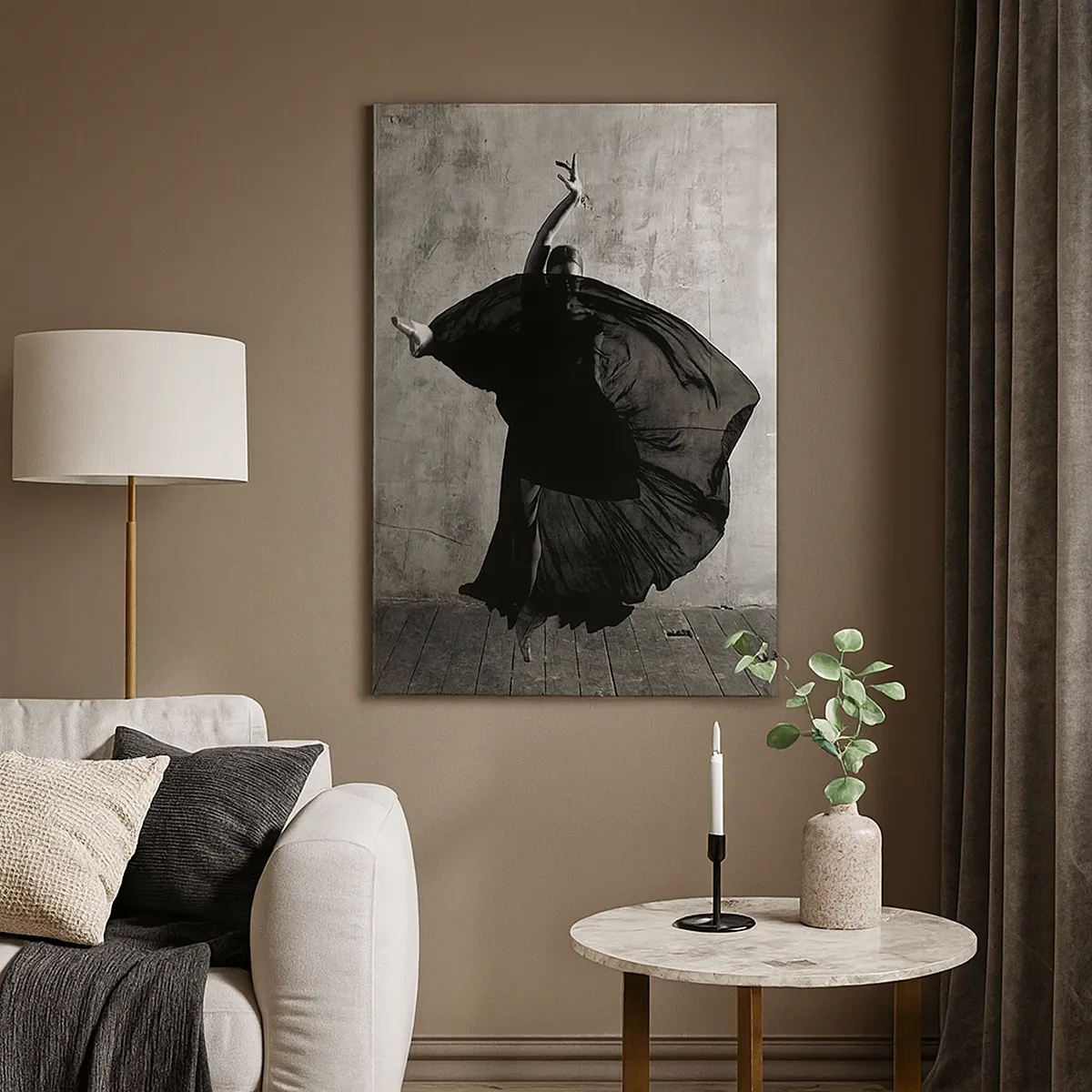 Quadro su tela - Stampe su Tela - Silhouette in bianco e nero di una ballerina in movimento su uno sfondo di muro - 50x70cm - Fasce piene di passione - Decorazione murale moderna per soggiorno e camera da letto ARTTOR