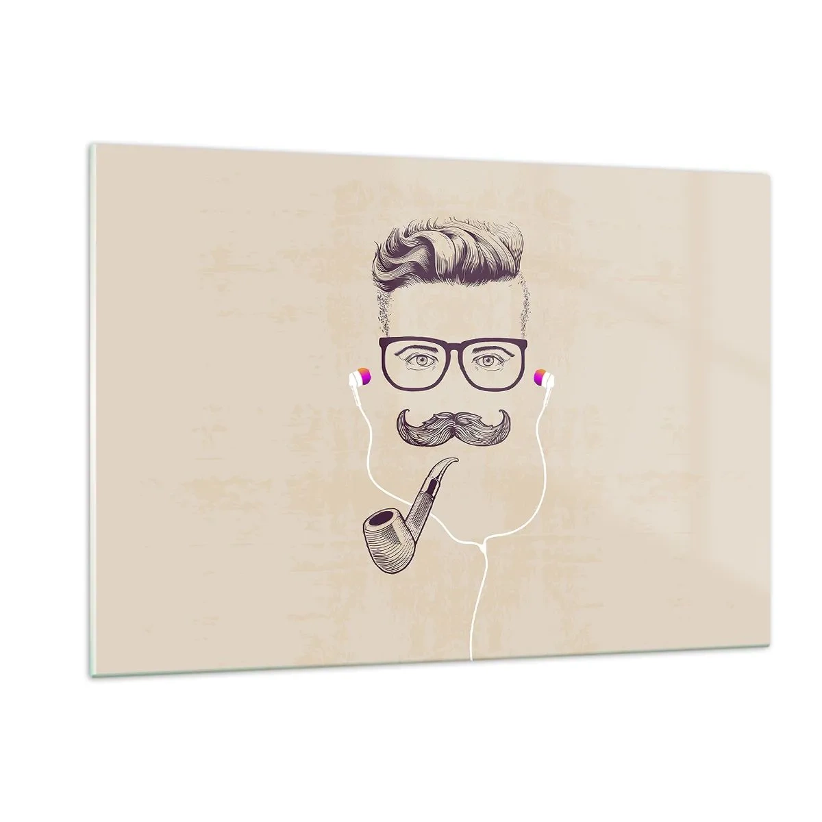 Quadro su vetro - Disegno di un uomo stilizzato con occhiali, baffi e pipa. - 120x80cm - Un vero uomo? - Decorazione murale moderna per soggiorno e camera da letto ARTTOR