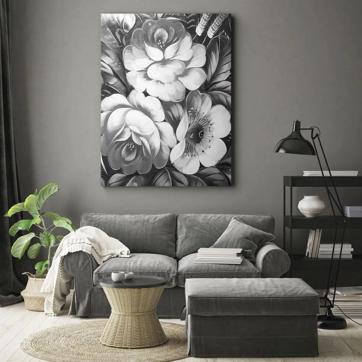 Quadro su tela - Stampe su Tela - Fiori bianchi e neri in una composizione classica ed elegante - 70x100cm - Belli anche in grigio - Decorazione murale moderna per soggiorno e camera da letto ARTTOR