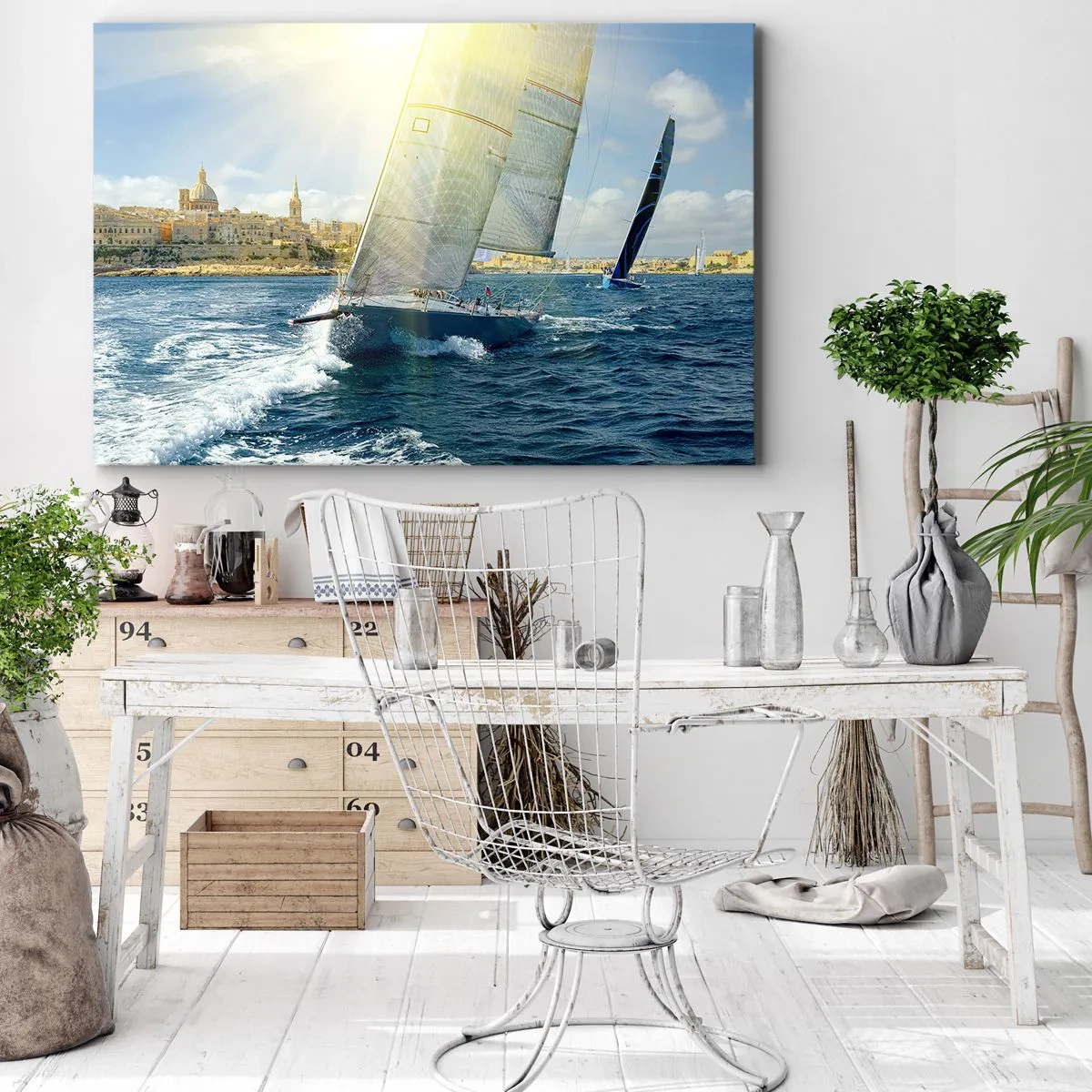 Quadro su tela - Stampe su Tela - Gara di yacht sullo sfondo di una costa soleggiata - 120x80cm - Tempo di lasciare la città - Decorazione murale moderna per soggiorno e camera da letto ARTTOR