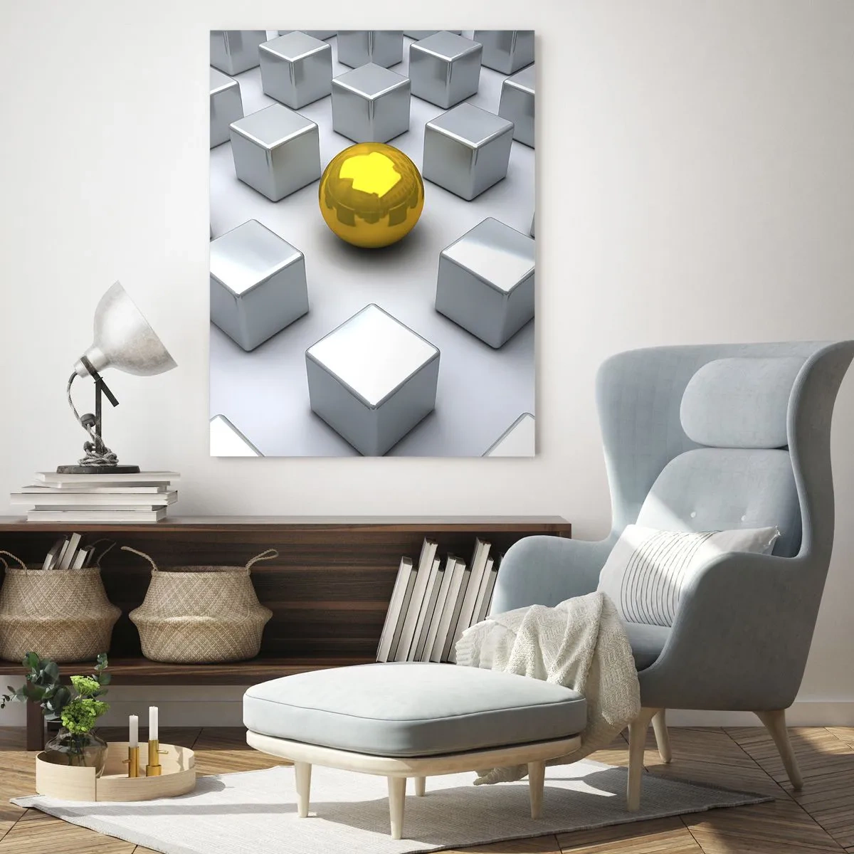 Quadro su vetro - Una sfera dorata che spicca tra i cubi d'argento - 80x120cm - Perché io? Composizione geometrica - Decorazione murale moderna per soggiorno e camera da letto ARTTOR