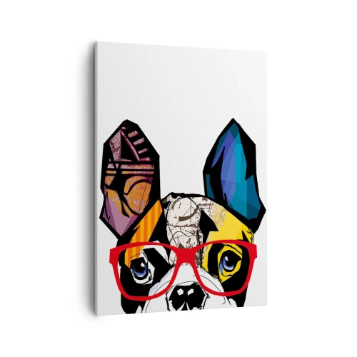 Quadro su tela - Stampe su Tela - Bulldog in un'illustrazione colorata con occhiali rossi - 50x70cm - Intellettuale - Decorazione murale moderna per soggiorno e camera da letto ARTTOR