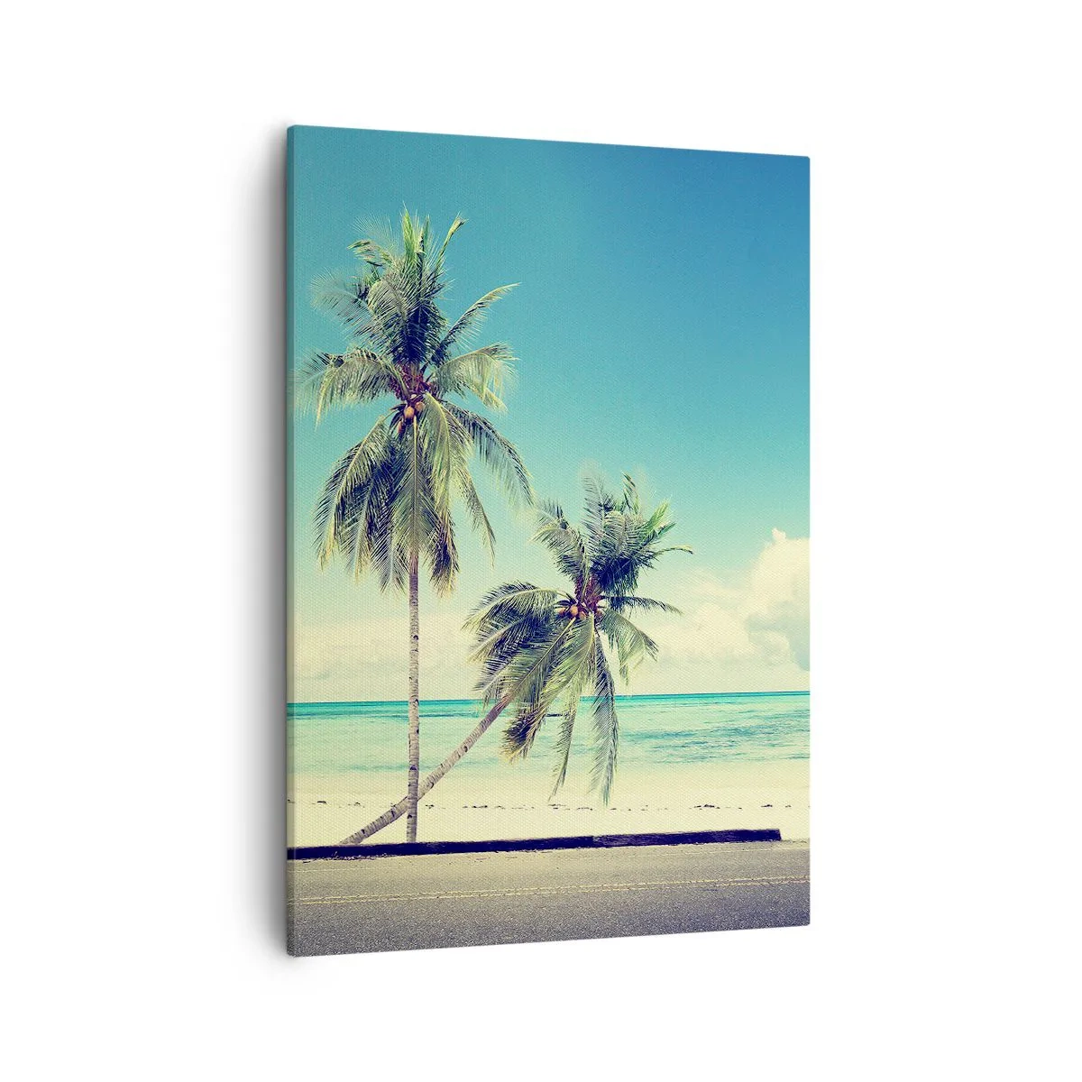 Quadro su tela - Stampe su Tela - Un furgone rosa con una tavola da surf sullo sfondo di una spiaggia tropicale. - 50x70cm - Tempo di vacanze - Decorazione murale moderna per soggiorno e camera da letto ARTTOR