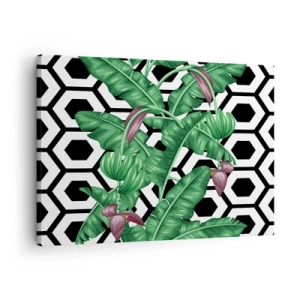 Quadro su tela - Stampe su Tela - Foglie tropicali su sfondo geometrico - 70x50cm - Composizione simmetrica con la natura - Decorazione murale moderna per soggiorno e camera da letto ARTTOR