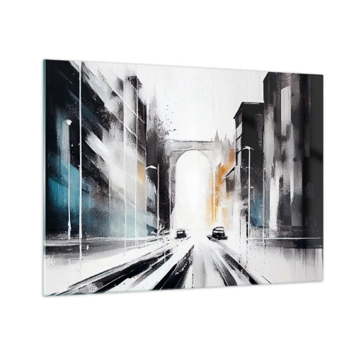 Quadro su vetro - Una strada cittadina dinamica con auto e un arco sullo sfondo, in stile pittorico. - 70x50cm - Studio di città: architettura e movimento - Decorazione murale moderna per soggiorno e camera da letto ARTTOR