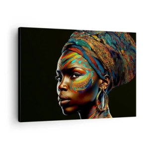 Quadro su tela - Stampe su Tela - Ritratto di una donna con un motivo colorato e un turbante - 70x50cm - Regina africana - Decorazione murale moderna per soggiorno e camera da letto ARTTOR