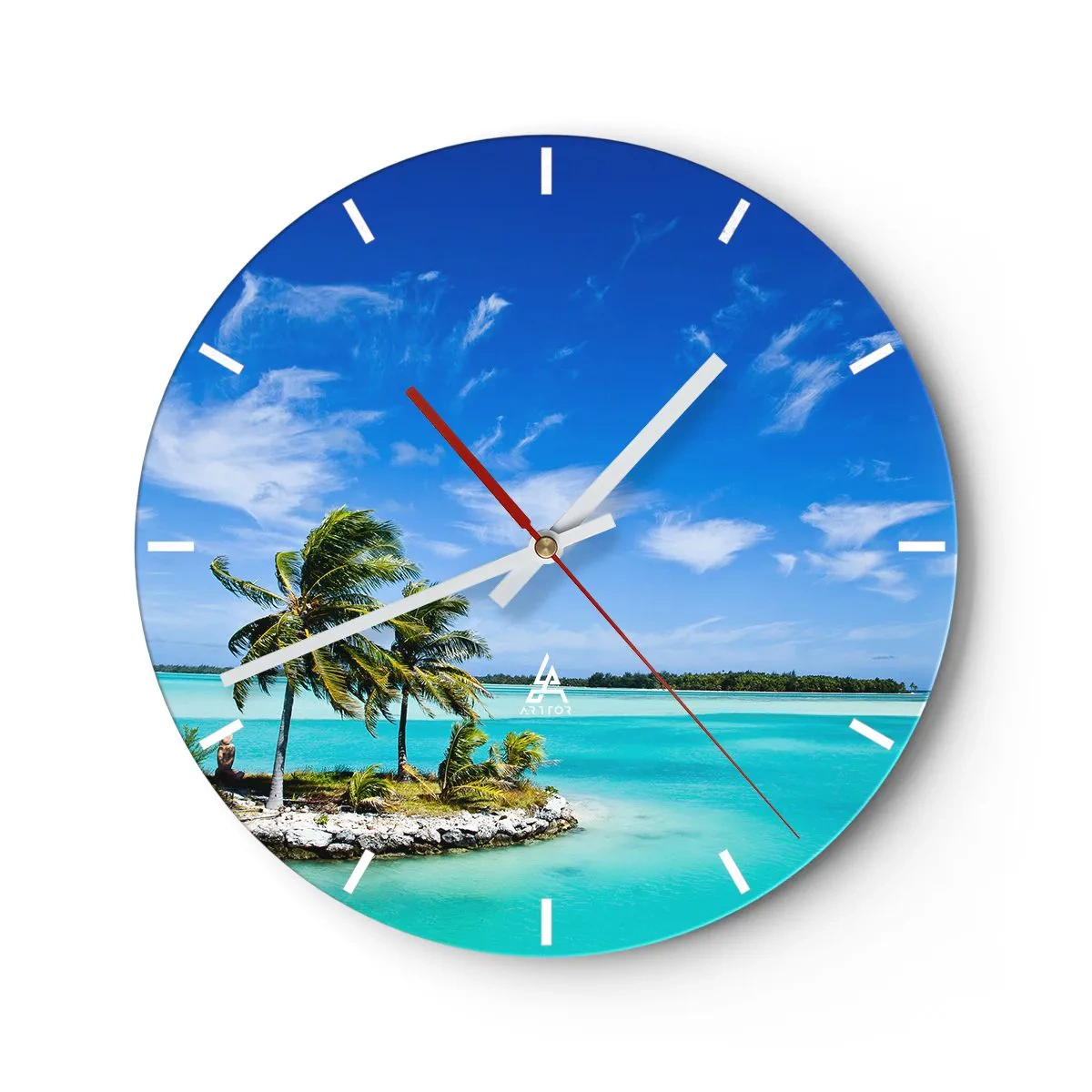 Orologio da parete - Orologio in Vetro - Un'isola tropicale con palme sullo sfondo di una laguna blu - 30x30cm - Paradiso in terra - Decorazione murale moderna per soggiorno, cucina e camera da letto ARTTOR