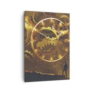 Quadro su tela - Stampe su Tela - Ingranaggi dorati in un ambiente surreale con una figura - 50x70cm - Alla fonte del tempo - Decorazione murale moderna per soggiorno e camera da letto ARTTOR