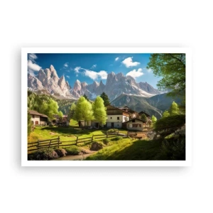 Poster - Un villaggio di montagna con case e vista sulle Alpi - 100x70cm - Idillio alpino - Decorazione murale moderna per soggiorno e camera da letto ARTTOR