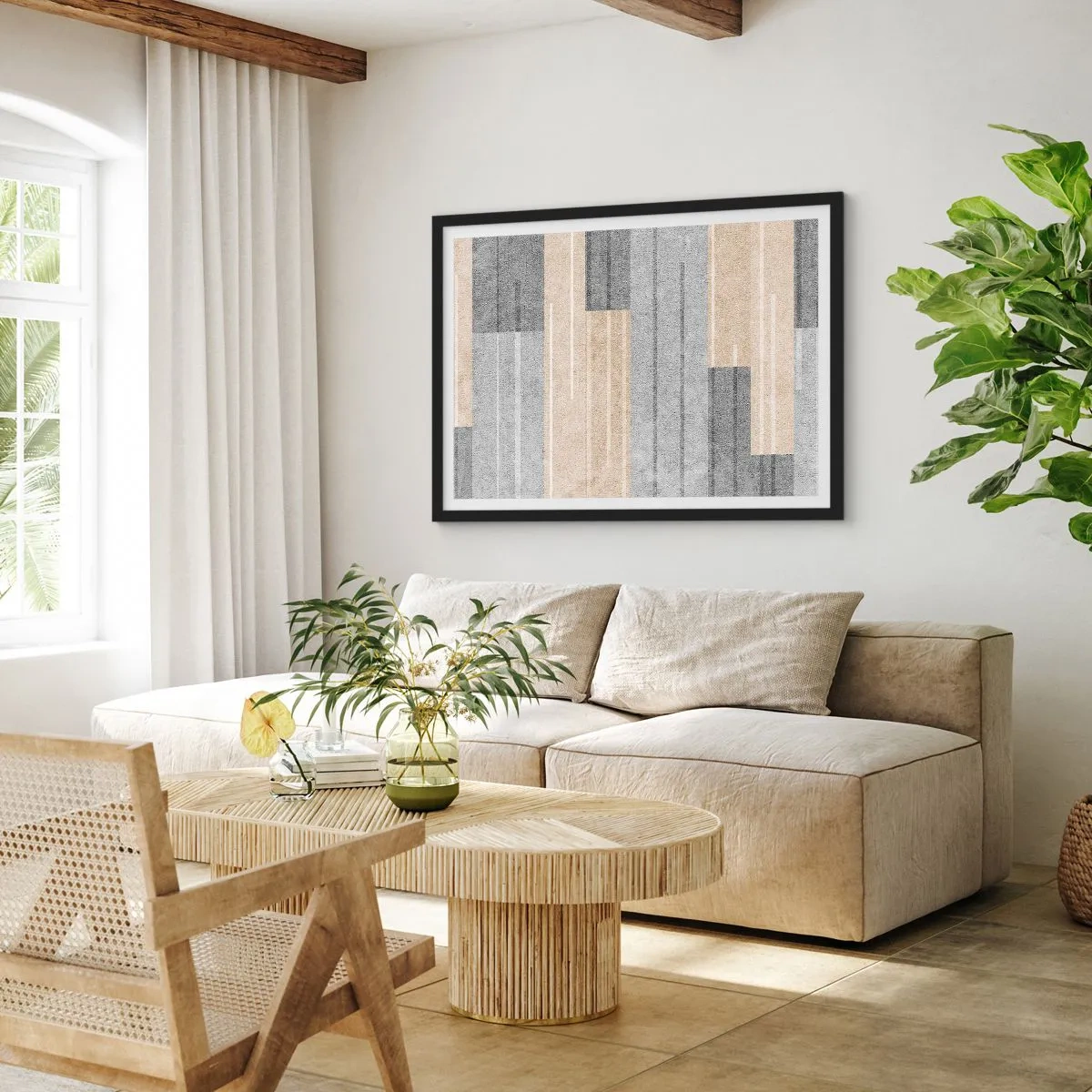 Poster in cornice nera - Composizione geometrica nei toni del grigio e del beige - 70x50cm - Composizione: rigare dritto - Decorazione murale moderna per soggiorno e camera da letto ARTTOR