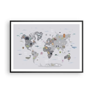 Poster in cornice nera - Una mappa del mondo con illustrazioni di animali su uno sfondo grigio - 100x70cm - Dimmi di dove sei... - Decorazione murale moderna per soggiorno e camera da letto ARTTOR
