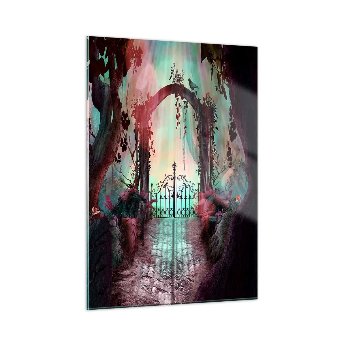 Quadro su vetro - Porte magiche in una foresta da favola - 50x70cm - Il giardino dei misteri - Decorazione murale moderna per soggiorno e camera da letto ARTTOR