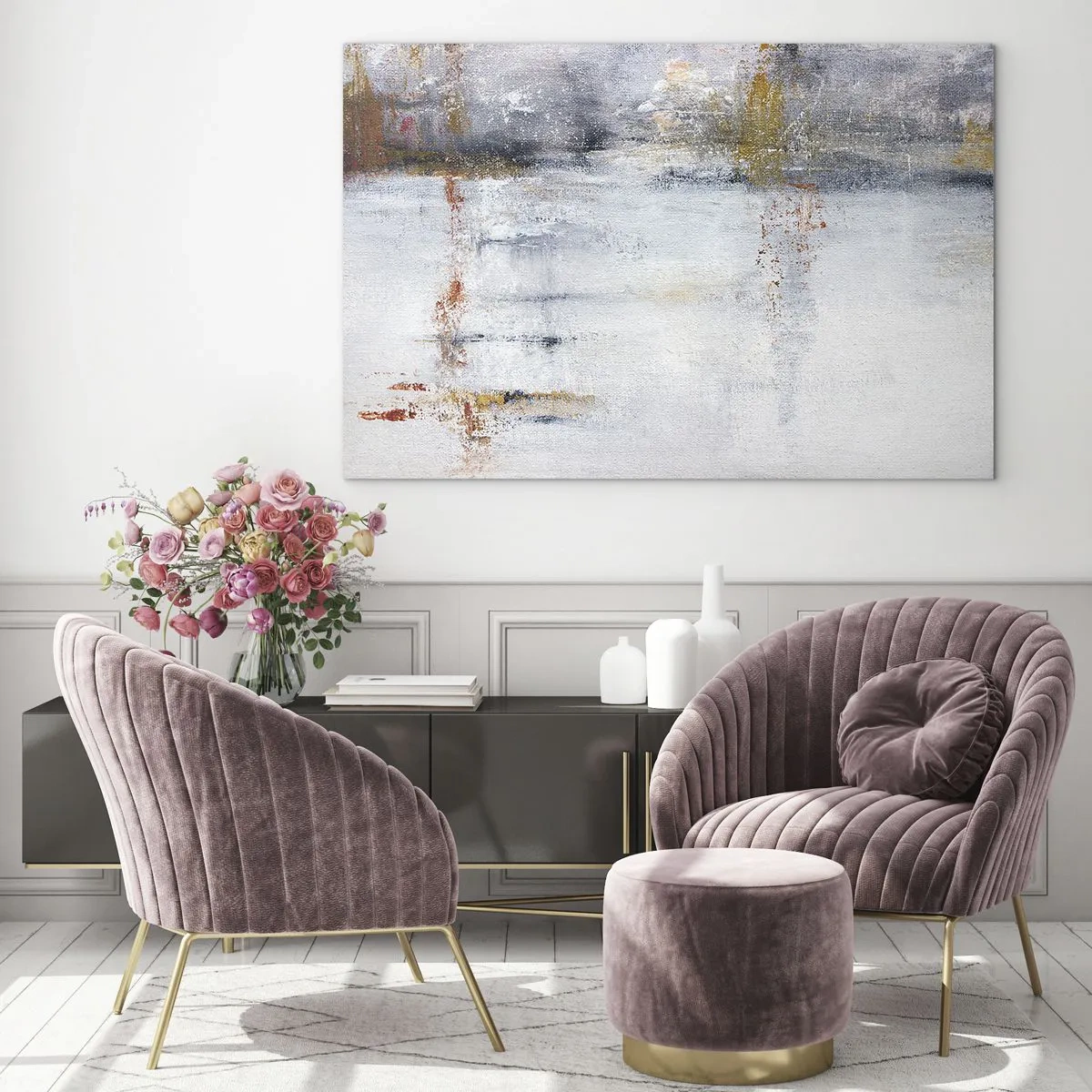 Quadro su vetro - Un dipinto astratto caratterizzato da una delicata combinazione di grigio, bianco e oro. - 70x50cm - Dietro la cortina d'aria - Decorazione murale moderna per soggiorno e camera da letto ARTTOR