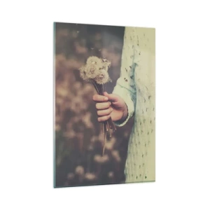 Quadro su vetro - Una mano che tiene dei denti di leone sullo sfondo sfocato di un campo pieno di fiori. - 80x120cm - Fermali per favore - Decorazione murale moderna per soggiorno e camera da letto ARTTOR