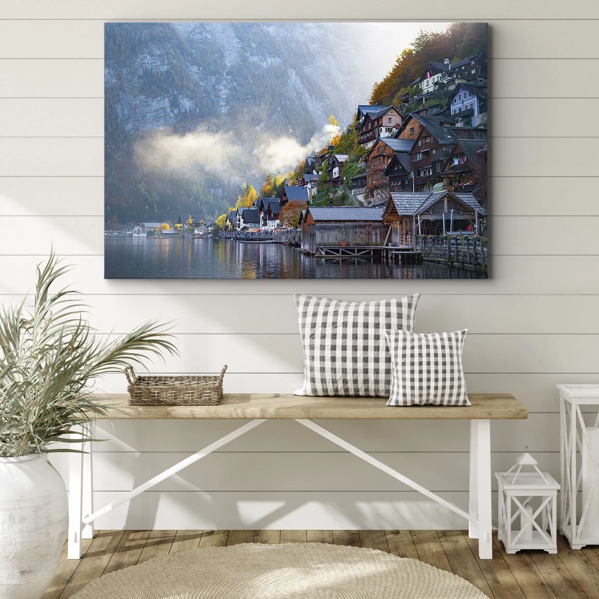 Quadro su tela - Stampe su Tela - Un villaggio di montagna vicino a un lago in uno scenario autunnale - 70x50cm - Atmosfera alpina - Decorazione murale moderna per soggiorno e camera da letto ARTTOR