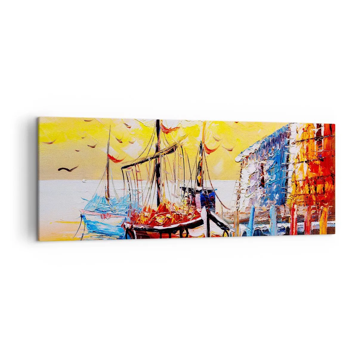 Quadro su tela - Stampe su Tela - Pittoresco porto al tramonto con barche da pesca - 140x50cm - Ritorno felice - Decorazione murale moderna per soggiorno e camera da letto ARTTOR