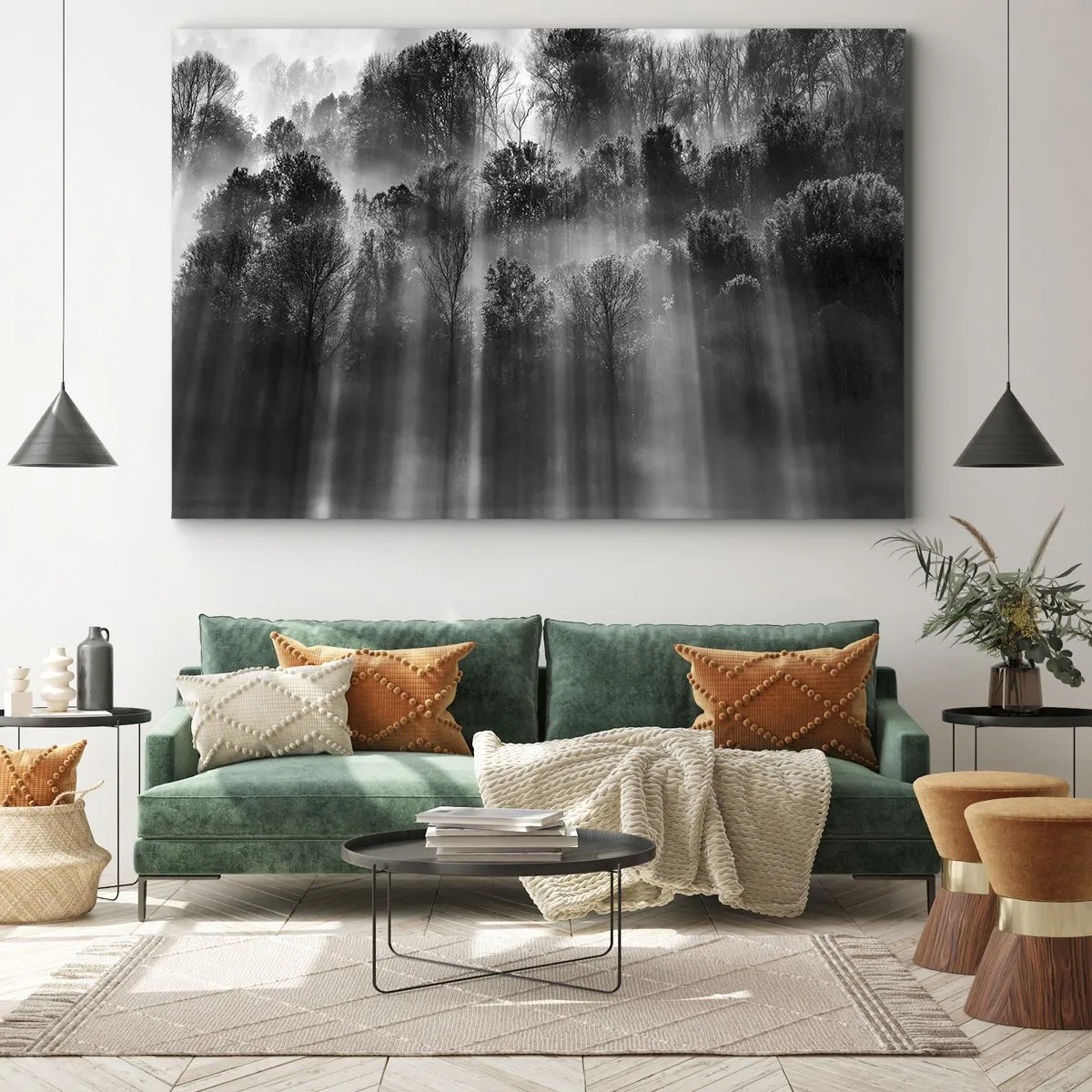Quadro su tela - Stampe su Tela - Foresta in bianco e nero alla luce del mattino - 70x50cm - Nei getti di luce - Decorazione murale moderna per soggiorno e camera da letto ARTTOR