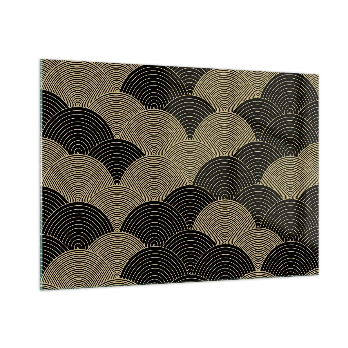 Quadro su vetro - Semicerchi dorati in un motivo giapponese regolare - 100x70cm - Unità nella molteplicità - Decorazione murale moderna per soggiorno e camera da letto ARTTOR