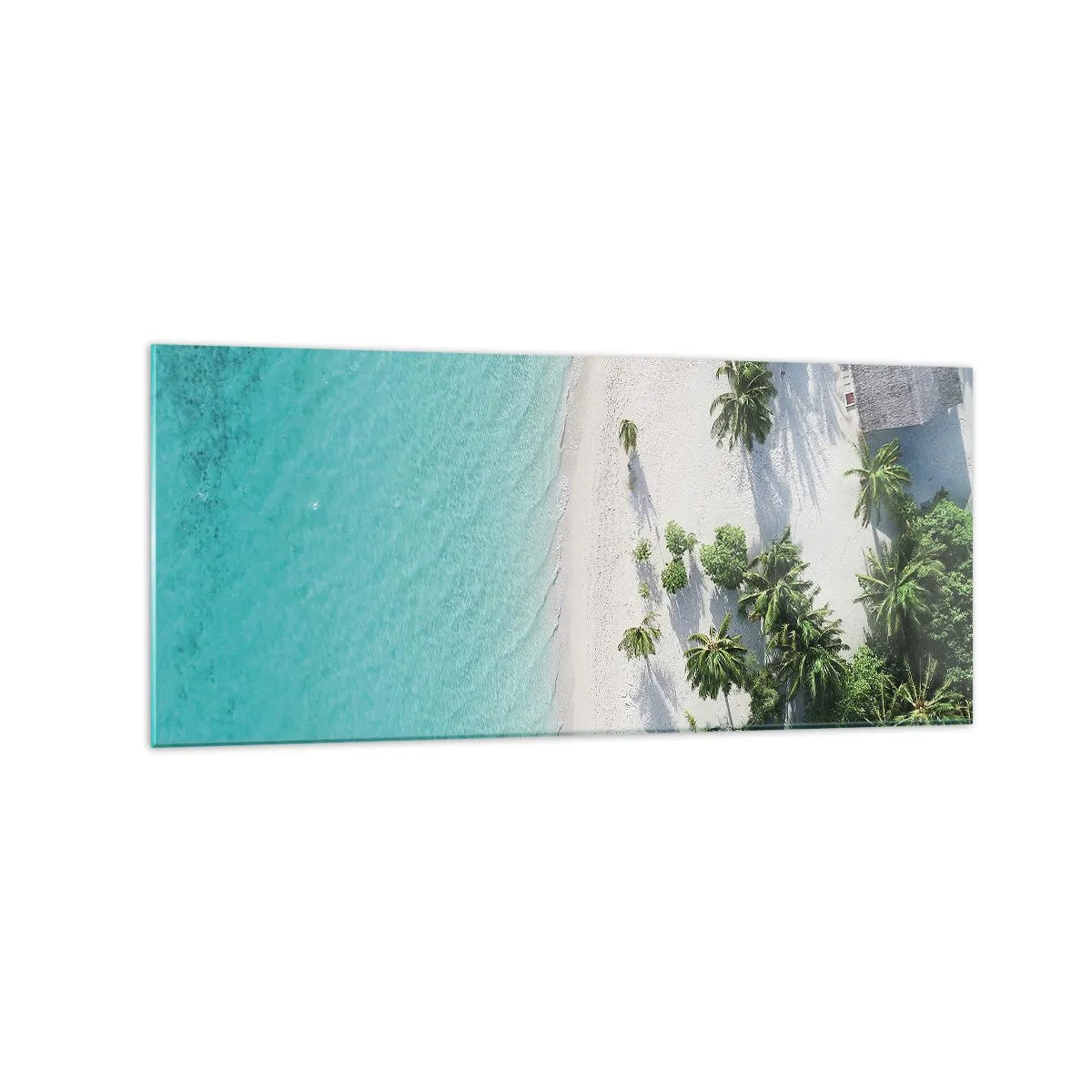 Quadro su vetro - Una vista a volo d'uccello di una spiaggia tropicale con acqua turchese e palme - 120x50cm - Vacanze in paradiso - Decorazione murale moderna per soggiorno e camera da letto ARTTOR