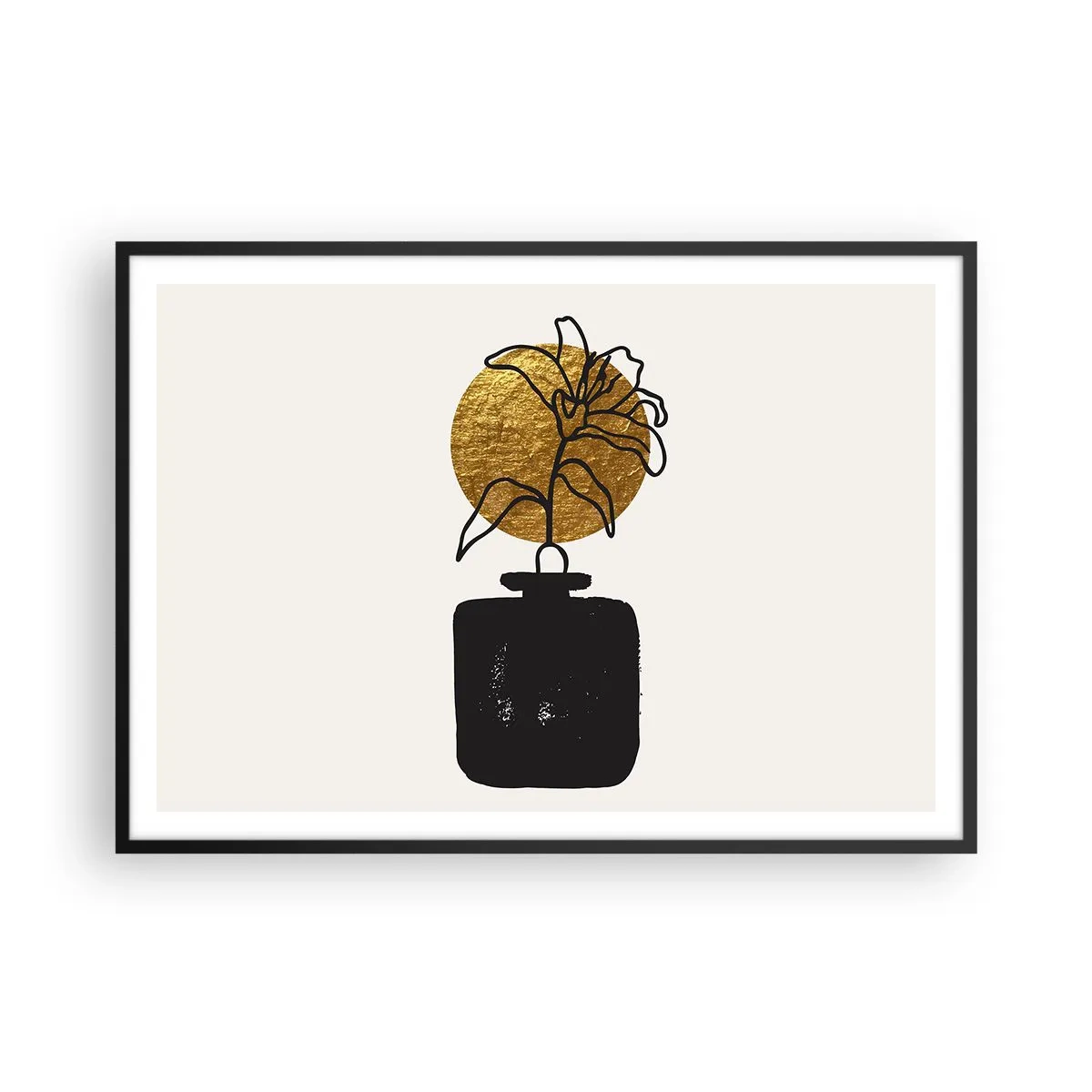 Poster in cornice nera - Un disegno di un fiore in un vaso su uno sfondo di cerchi dorati - 100x70cm - Bellezza a peso d'oro - Decorazione murale moderna per soggiorno e camera da letto ARTTOR