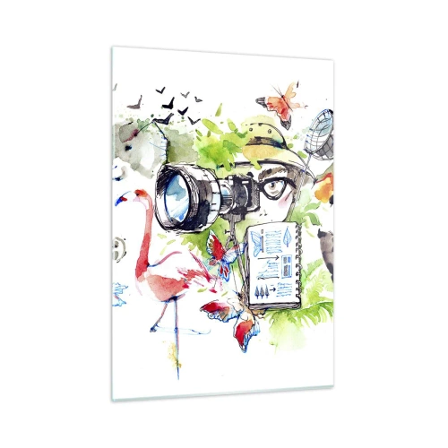Quadro su vetro - Illustrazione di un fotografo con una macchina fotografica e animali - 50x70cm - Nell'obiettivo del viaggiatore - Decorazione murale moderna per soggiorno e camera da letto ARTTOR