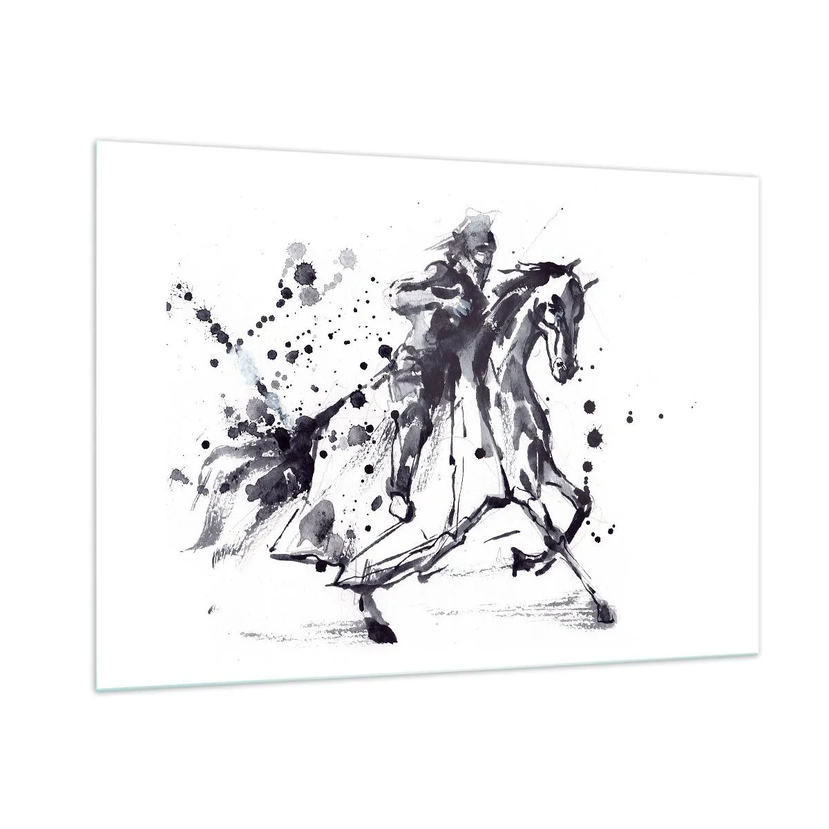 Quadro su vetro - Dipinto in bianco e nero di un cavaliere su un cavallo in stile astratto - 100x70cm - Il cavaliere nero - Decorazione murale moderna per soggiorno e camera da letto ARTTOR