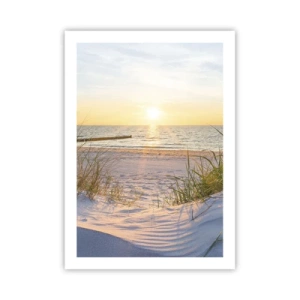 Poster - Spiaggia al tramonto con vista sul mare - 50x70cm - Rumore del mare, uccelli che cantano, spiaggia selvatica tra i cespugli... - Decorazione murale moderna per soggiorno e camera da letto ARTTOR