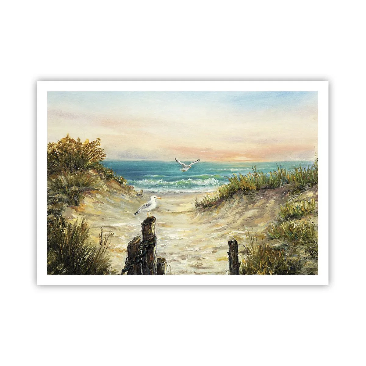 Poster - Costa con gabbiani e dune al tramonto - 100x70cm - Silenzio senza vento - Decorazione murale moderna per soggiorno e camera da letto ARTTOR