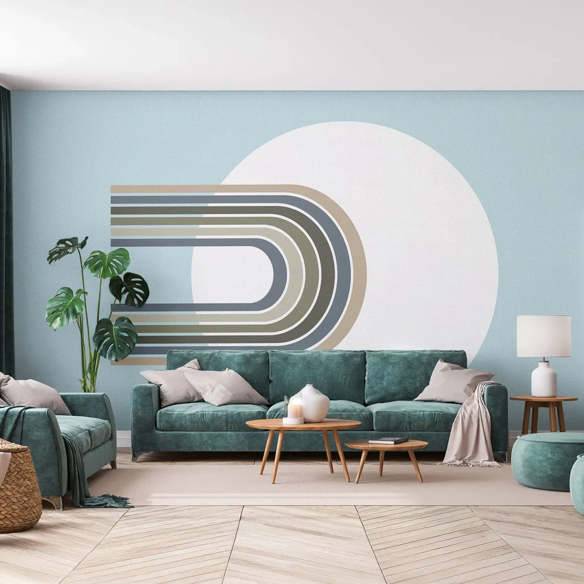 Fotomurali Premium Sand - Composizione geometrica con archi e un cerchio su sfondo blu - 100x70cm - Attrazione irresistibile - Decorazione murale moderna per soggiorno e camera da letto ARTTOR