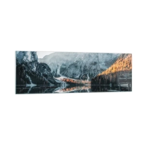 Quadro su vetro - Un paesaggio montano riflesso nella calma superficie di un lago - 160x50cm - Paesaggio allo specchio - Decorazione murale moderna per soggiorno e camera da letto ARTTOR