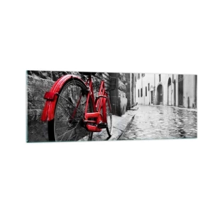 Quadro su vetro - Bicicletta rossa in una strada bianca e nera - 140x50cm - La vera bellezza non invecchia - Decorazione murale moderna per soggiorno e camera da letto ARTTOR