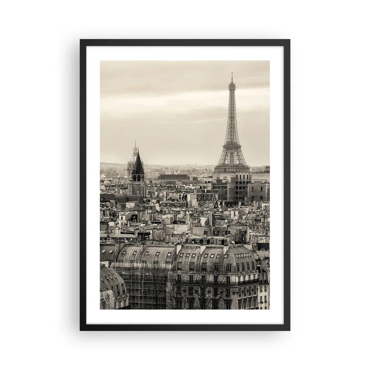 Poster in cornice nera - Panorama di Parigi con la Torre Eiffel in tonalità seppia - 50x70cm - Sui tetti di Parigi - Decorazione murale moderna per soggiorno e camera da letto ARTTOR