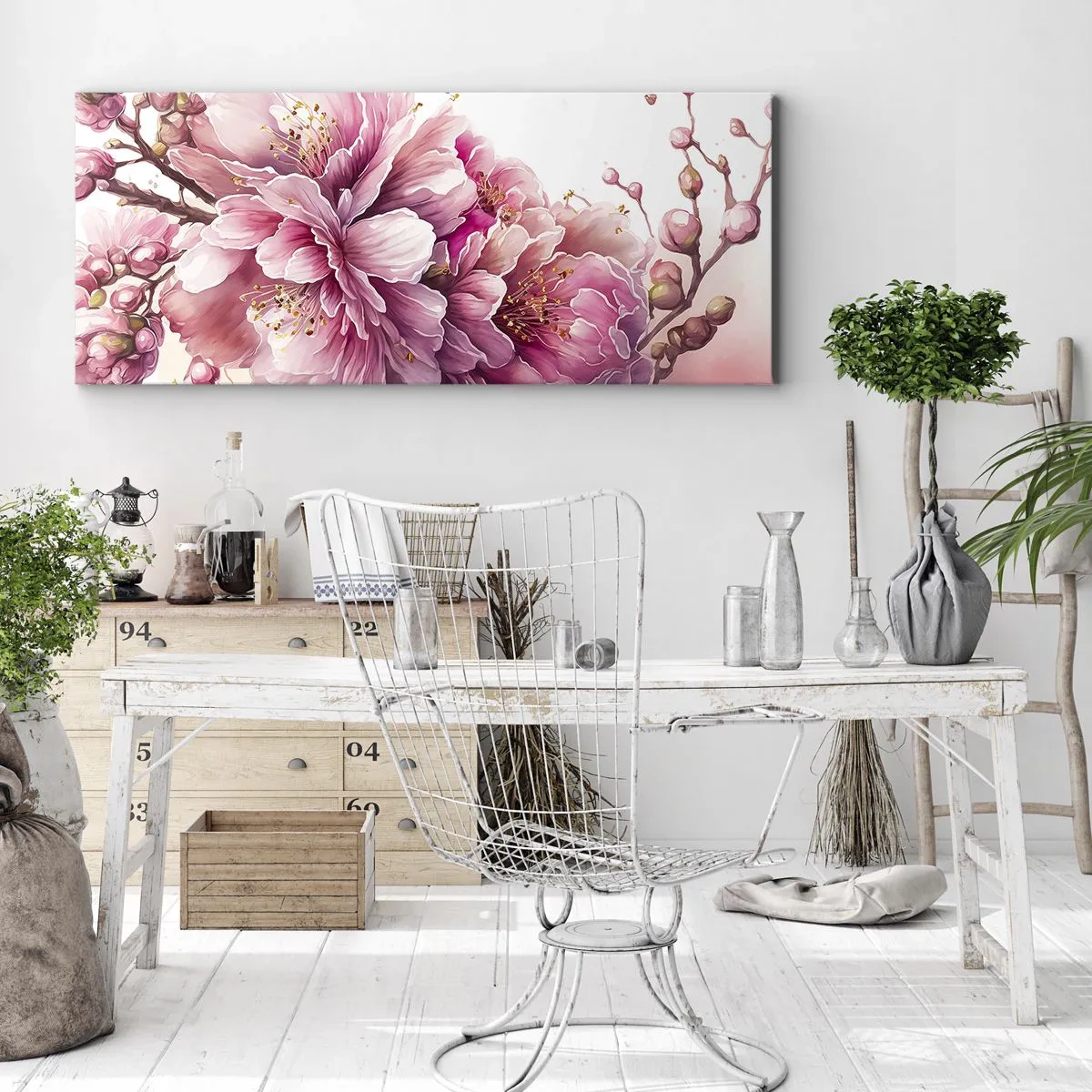 Quadro su tela - Stampe su Tela - Delicati fiori di ciliegio in piena fioritura su uno sfondo chiaro - 120x50cm - Fiore di ciliegio - Decorazione murale moderna per soggiorno e camera da letto ARTTOR