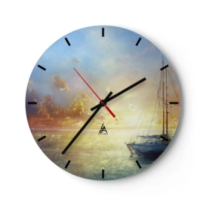 Orologio da parete - Orologio in Vetro - Una barca a vela in mare durante il tramonto - 30x30cm - Nella baia dorata - Decorazione murale moderna per soggiorno, cucina e camera da letto ARTTOR