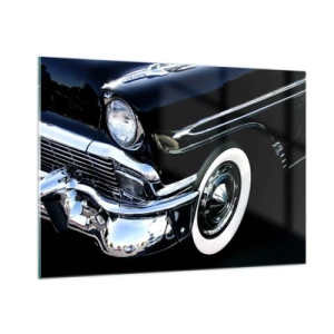 Quadro su vetro - Primo piano di un'auto nera d'epoca con dettagli cromati - 100x70cm - Classicità in argento, nero e bianco - Decorazione murale moderna per soggiorno e camera da letto ARTTOR