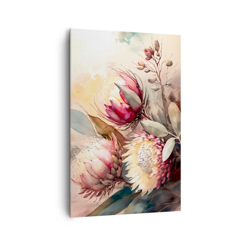 Quadro su tela - Stampe su Tela - Fiori di protea in delicate tonalità pastello - 80x120cm - Di profilo e di fronte - Decorazione murale moderna per soggiorno e camera da letto ARTTOR