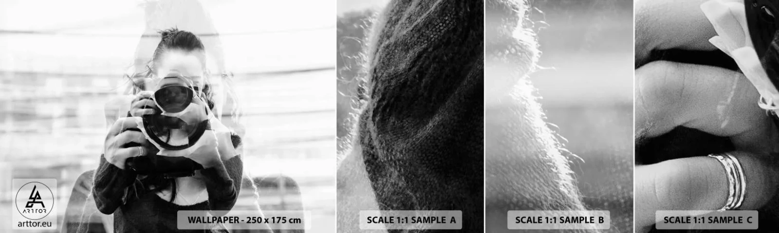 Campione di Fotomurale Adesivo Deluxe Sticker - Il creatore e il materiale - Astrazione, Fotografo, Donna - 100x30 cm